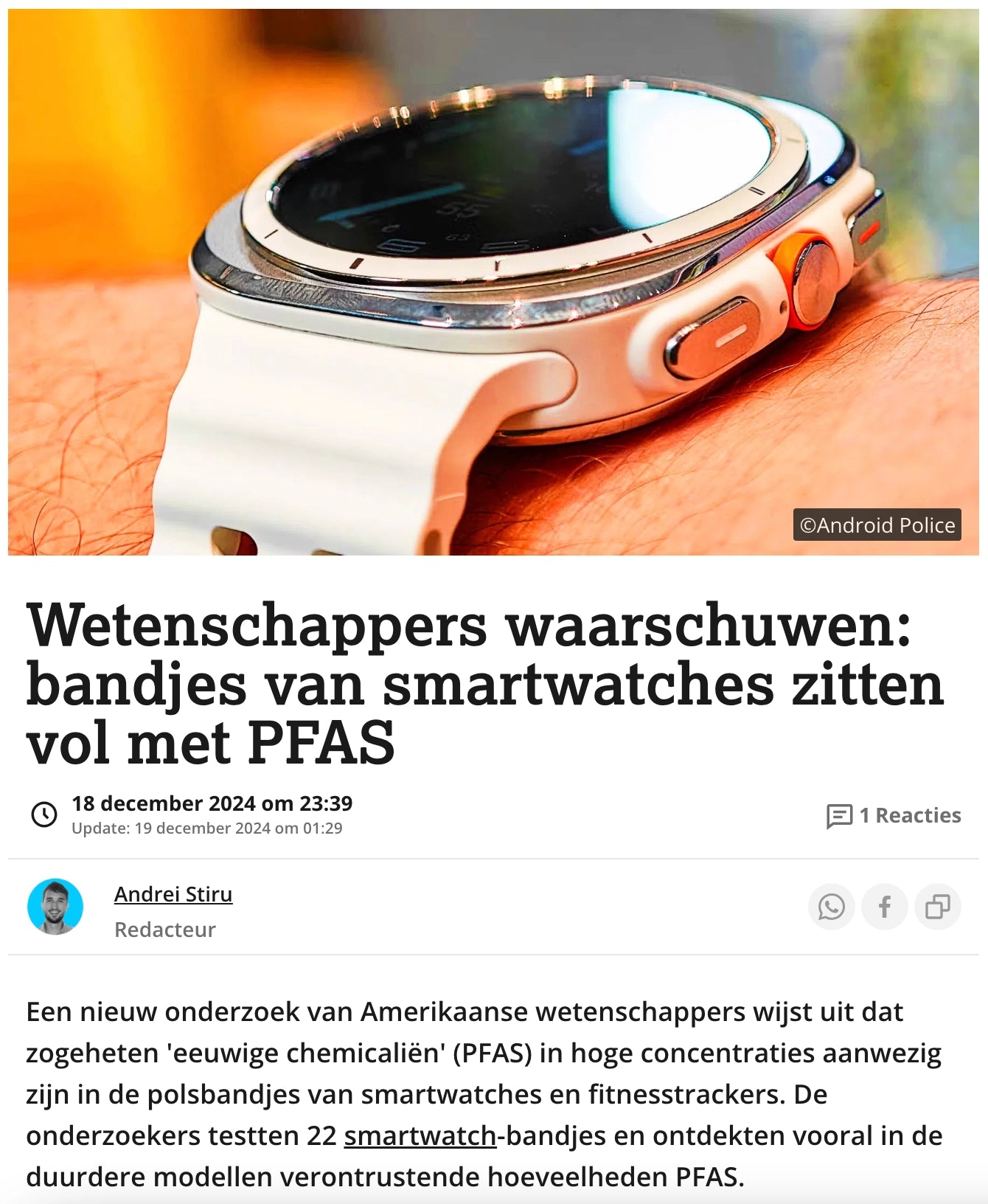 Nieuwsartikel over PFAS in smartwatchbandjes