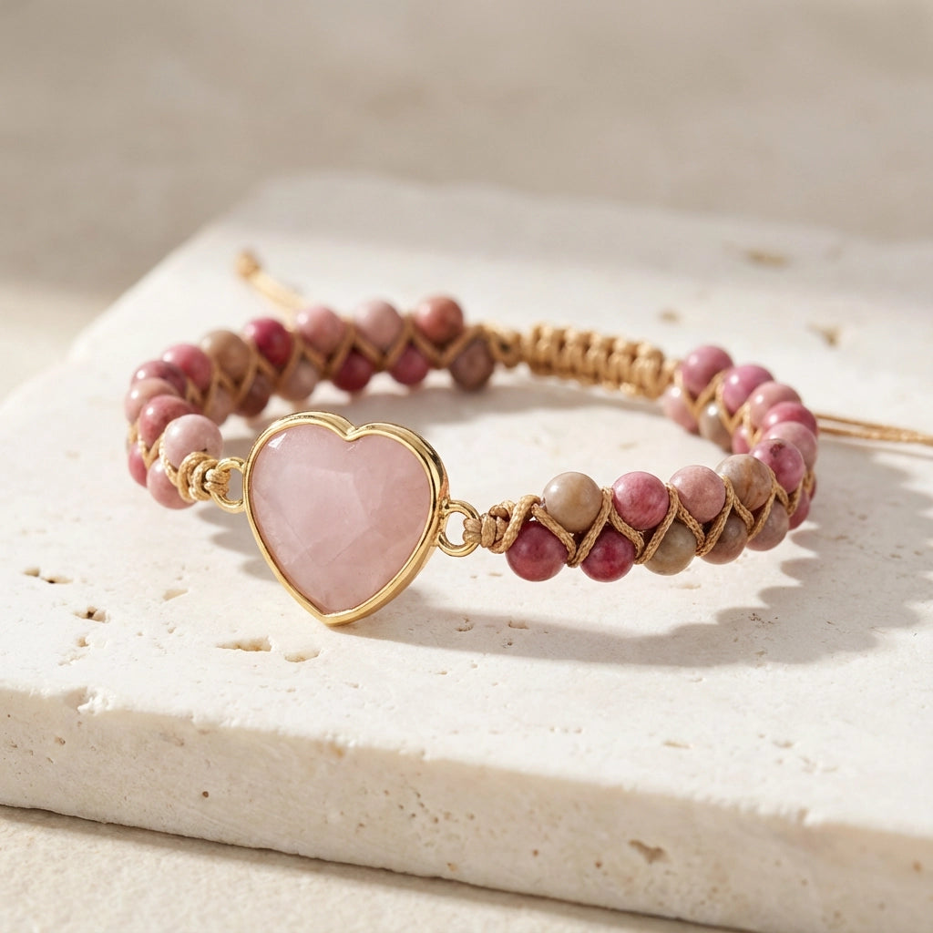 Woven Rose Quartz Heart Bracelet