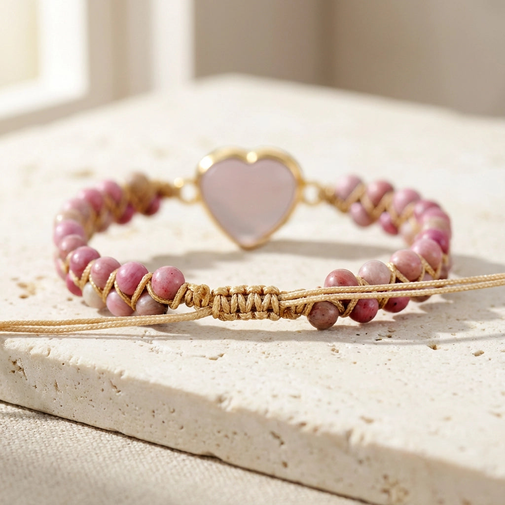 Woven Rose Quartz Heart Bracelet