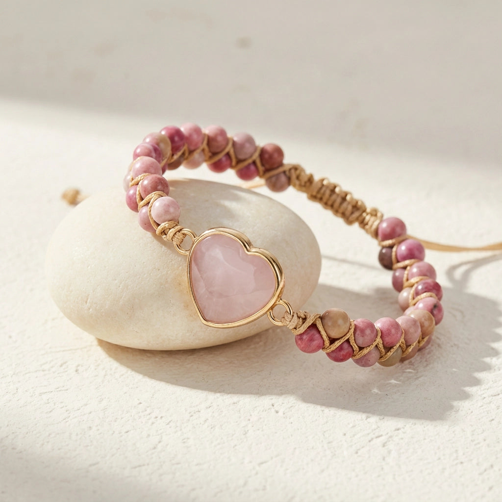 Woven Rose Quartz Heart Bracelet