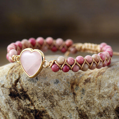 Woven Rose Quartz Heart Bracelet
