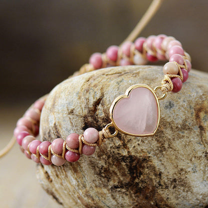 Woven Rose Quartz Heart Bracelet